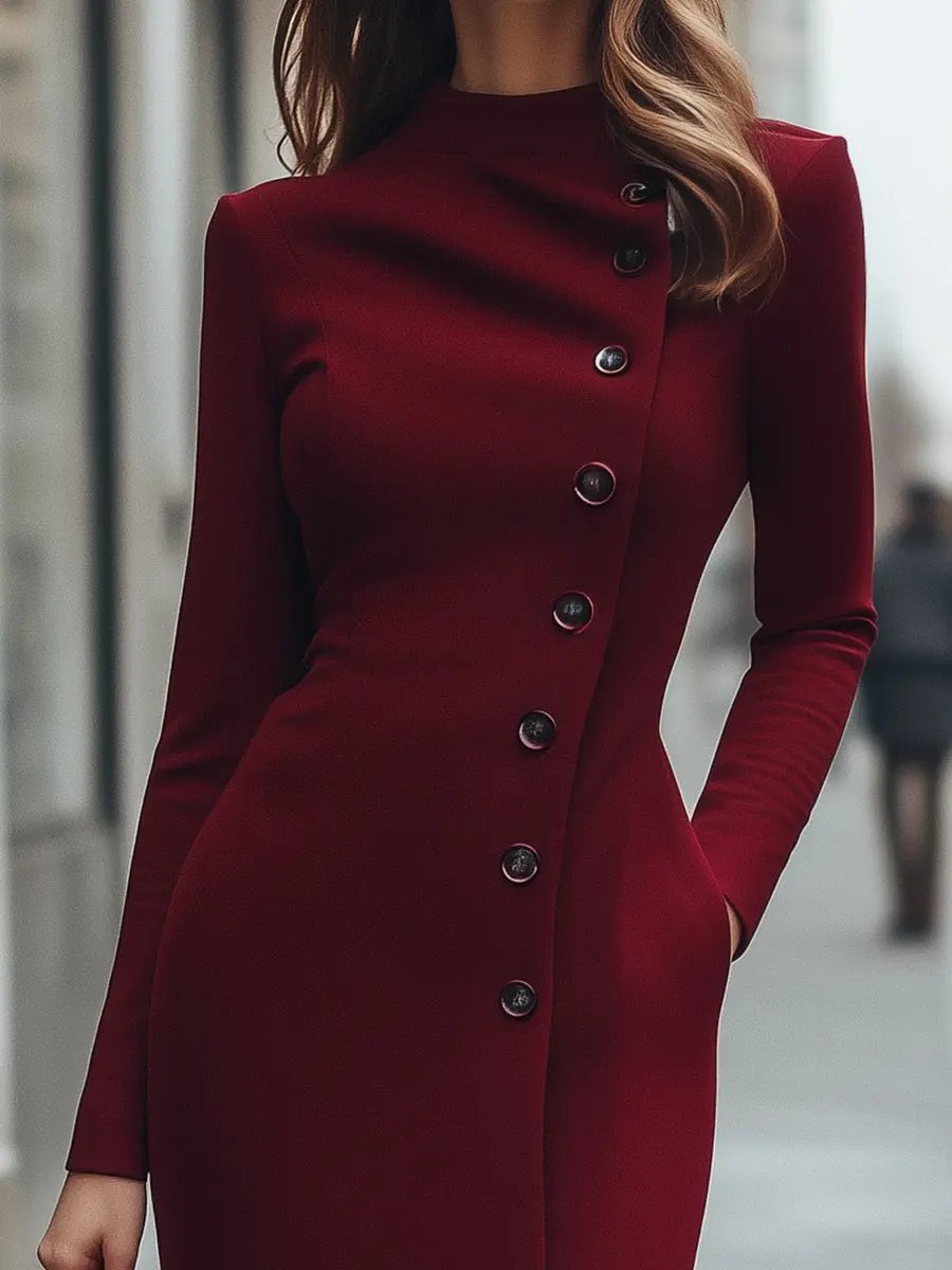 Burgundy Asymmetric Button-Front Long-Sleeve - Midi Dress CASA LARO