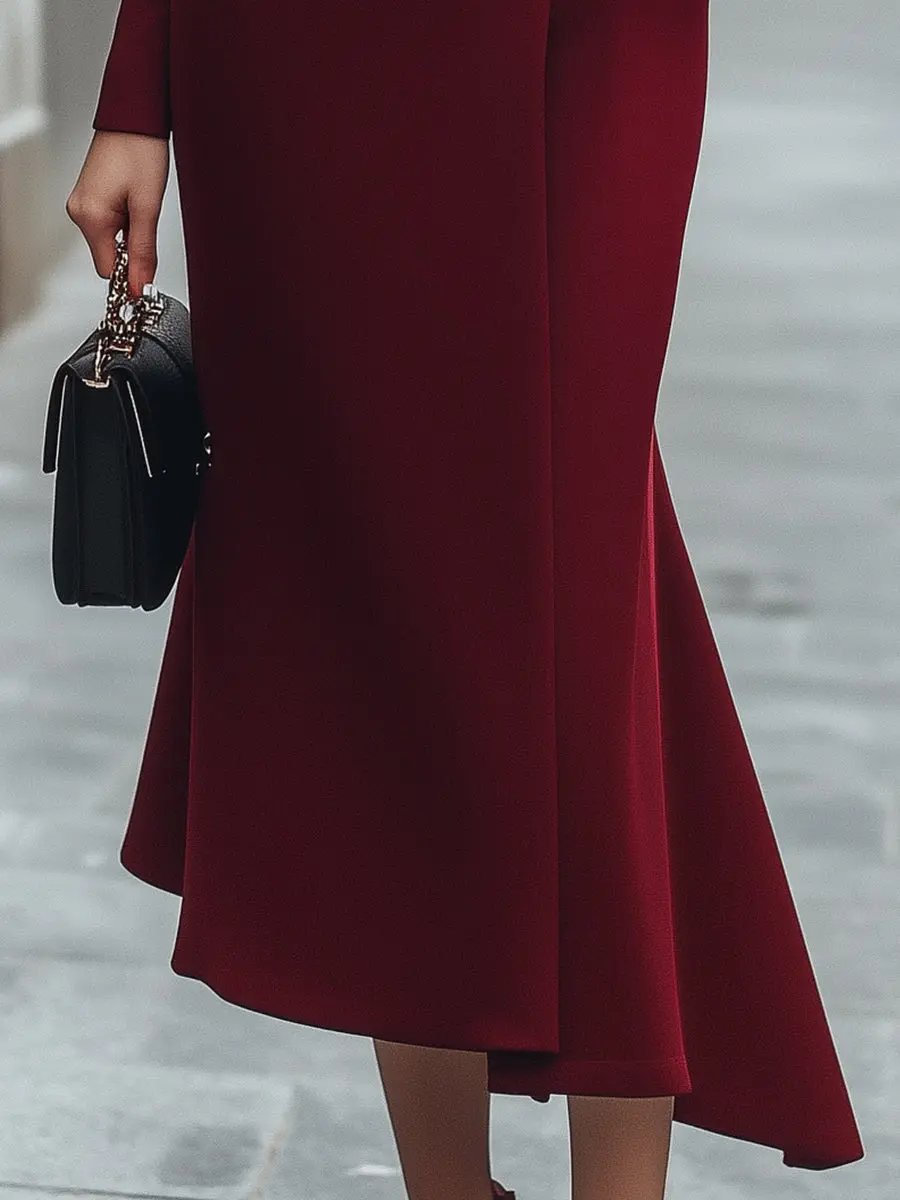 Burgundy Asymmetric Button-Front Long-Sleeve - Midi Dress CASA LARO