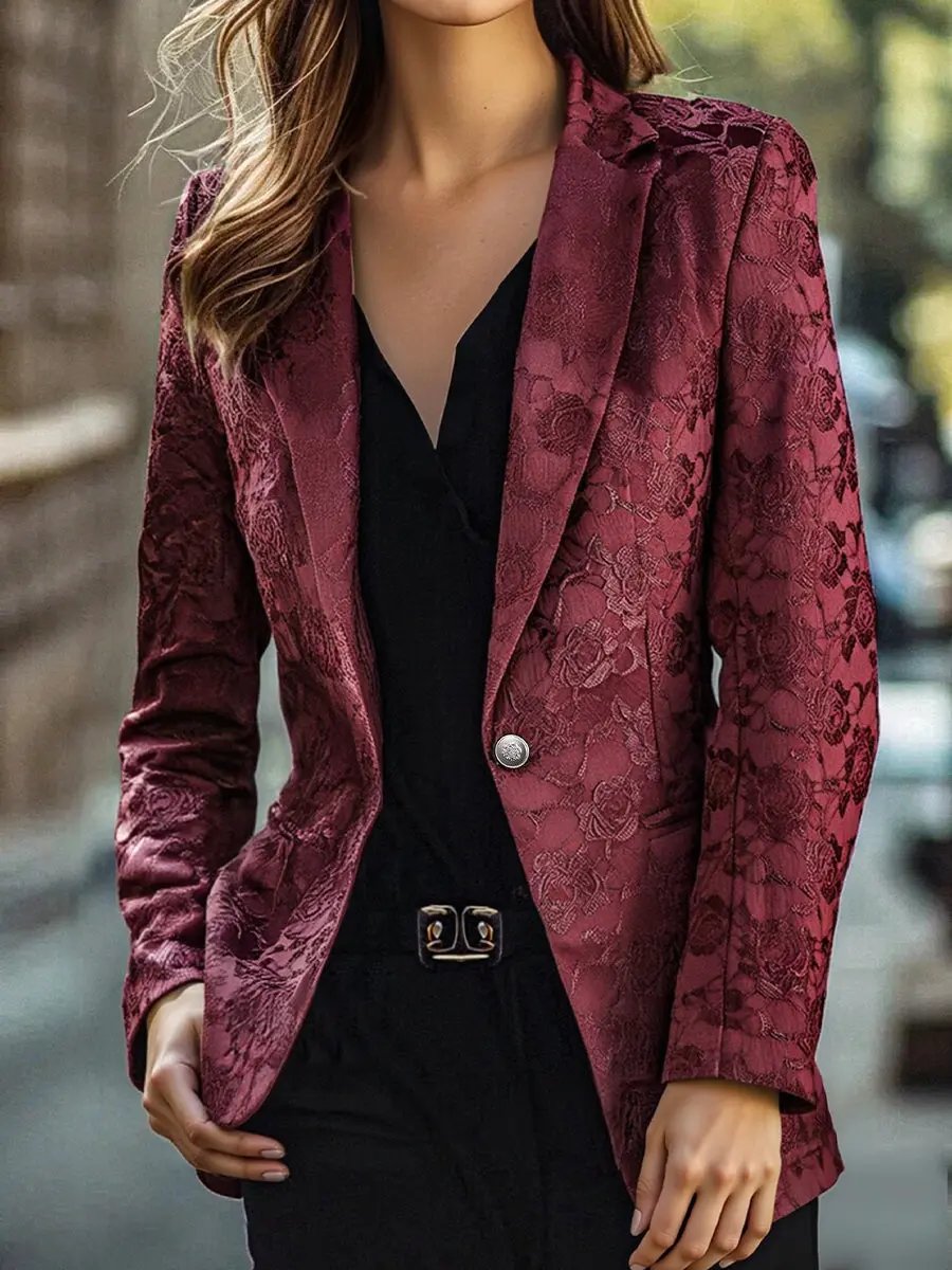 Burgundy Floral Jacquard Single-Breasted Tailored - Blazer CASA LARO