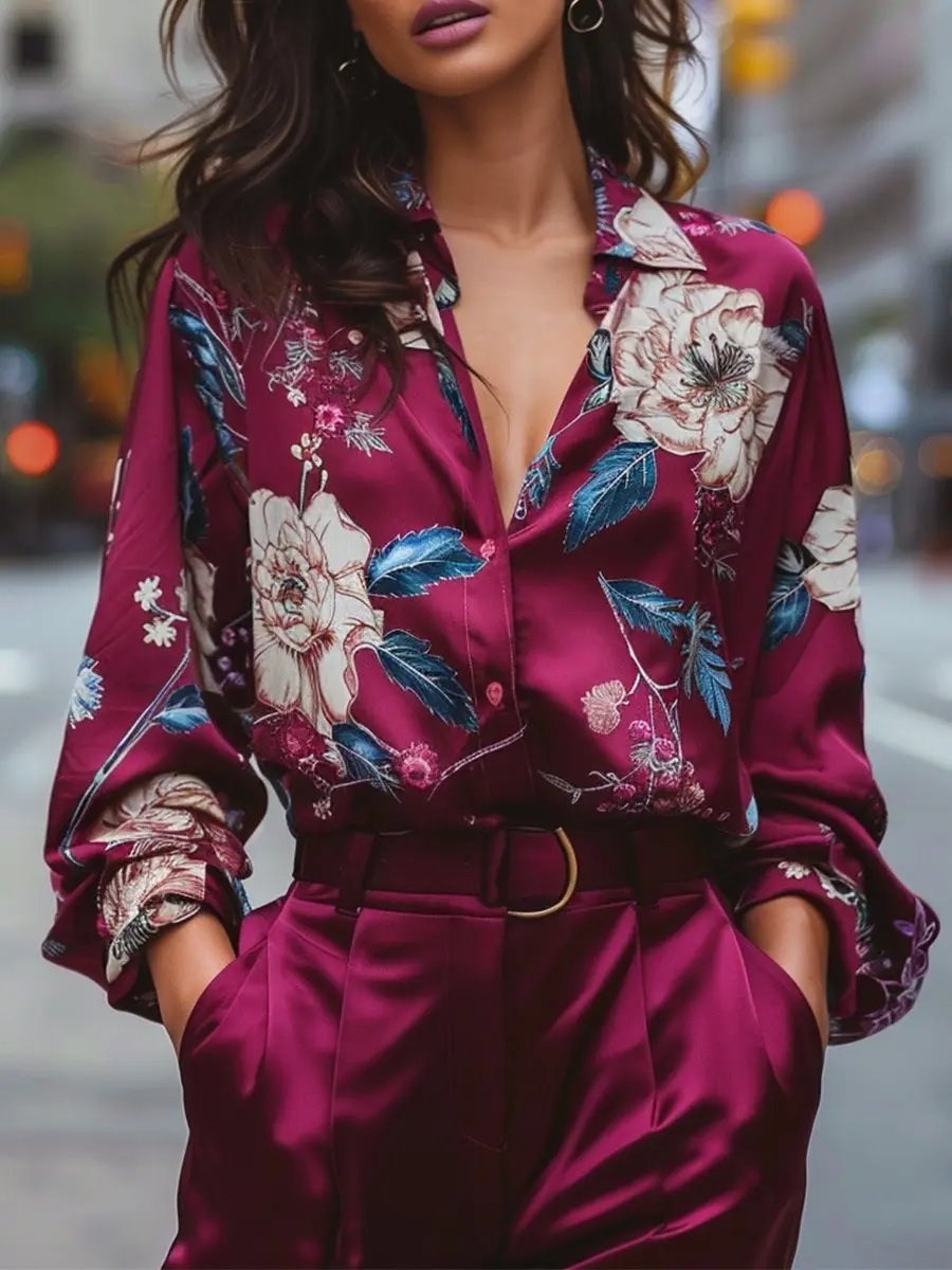 Burgundy Floral Satin V-Neck - Blouse CASA LARO