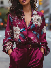 Burgundy Floral Satin V-Neck - Blouse CASA LARO