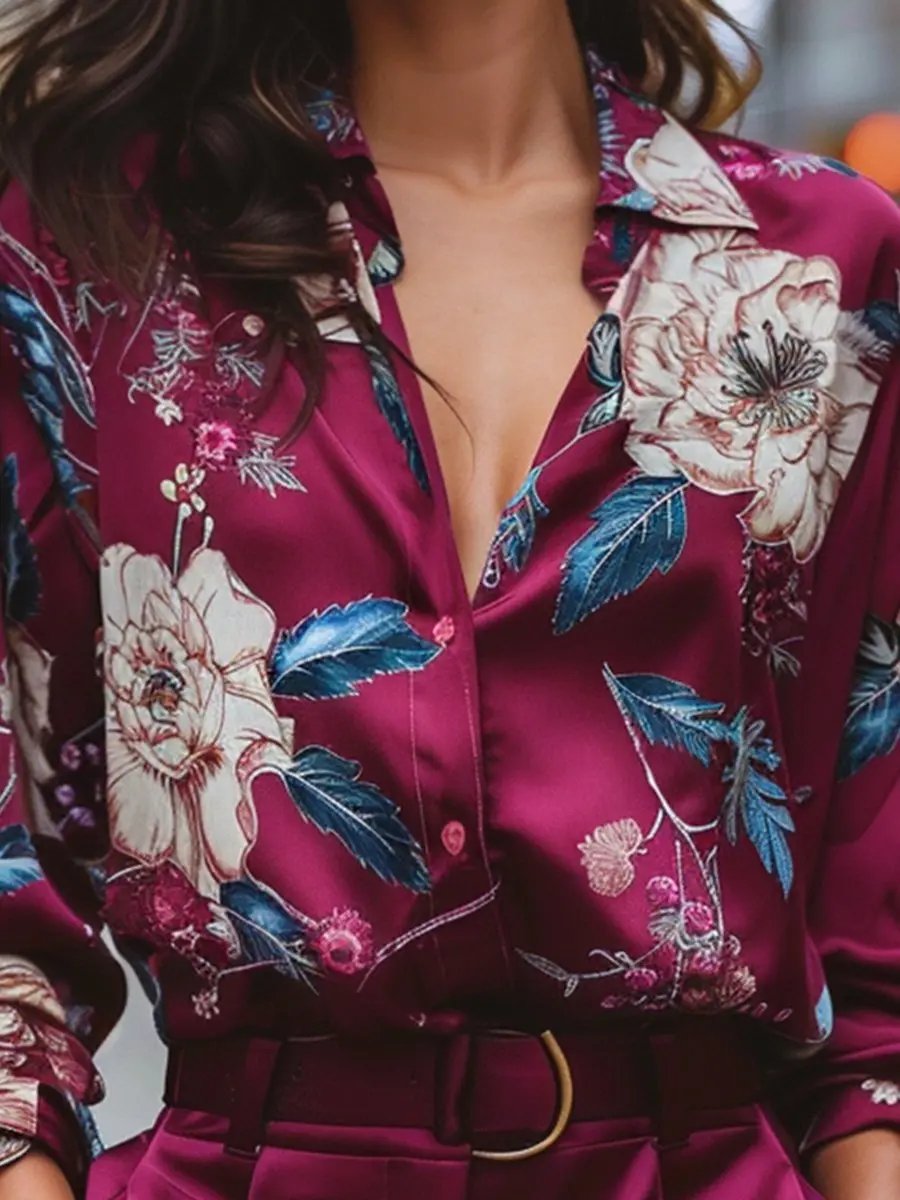 Burgundy Floral Satin V-Neck - Blouse CASA LARO