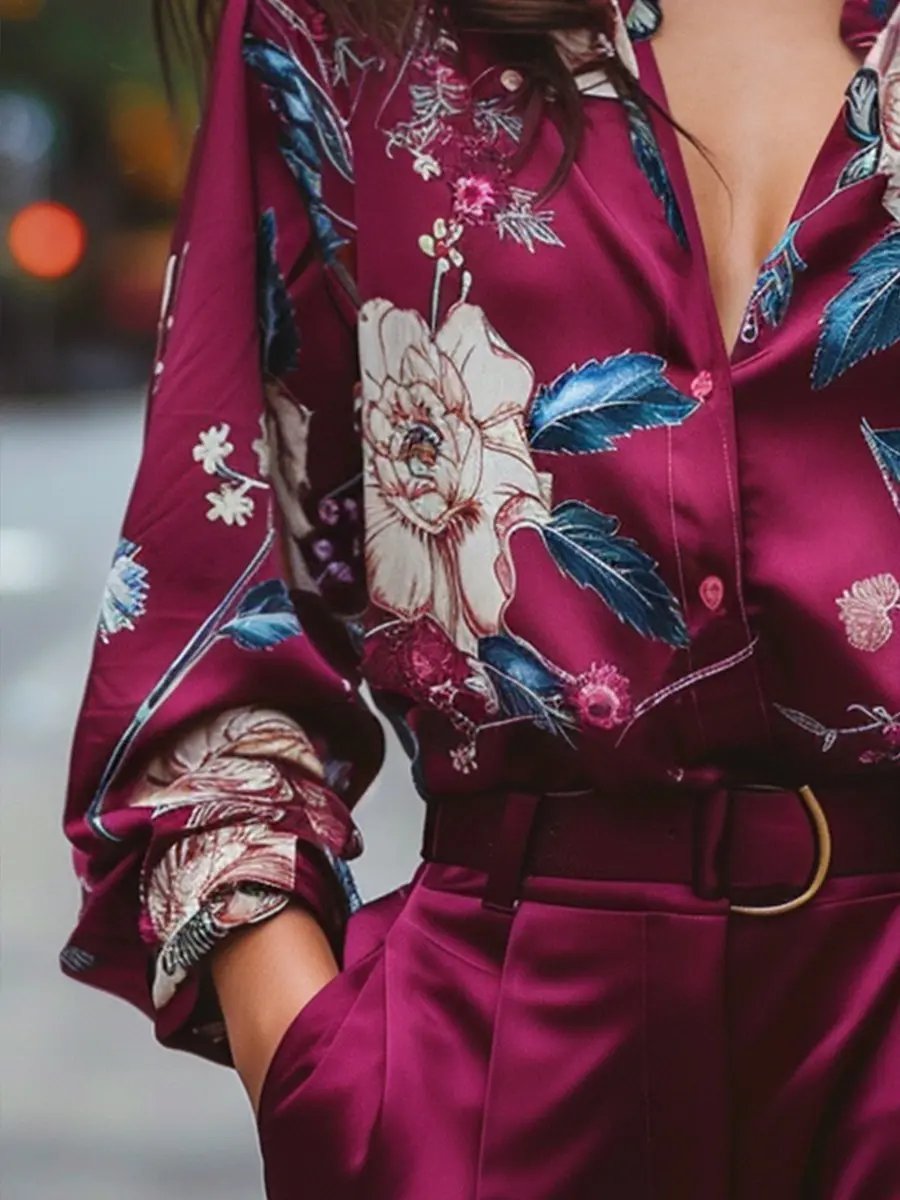 Burgundy Floral Satin V-Neck - Blouse CASA LARO