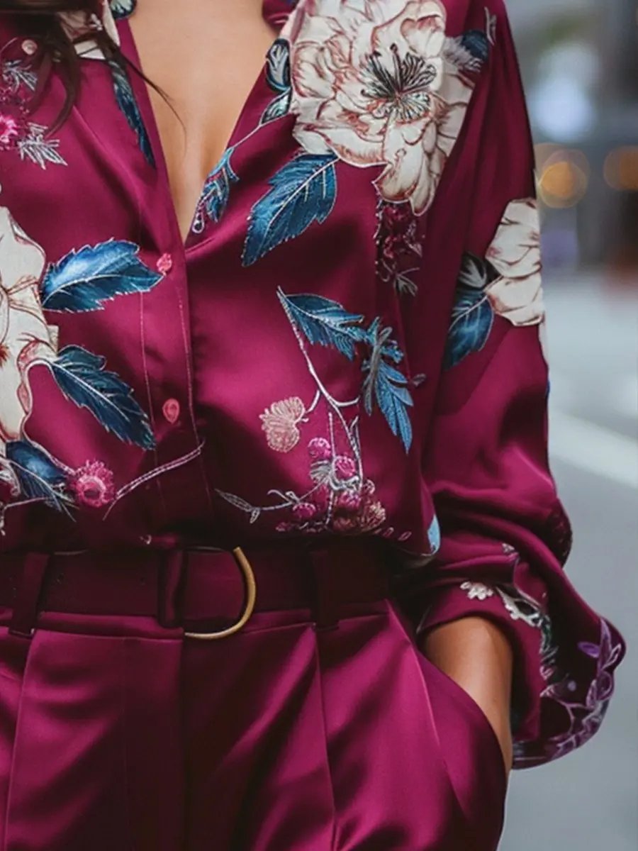 Burgundy Floral Satin V-Neck - Blouse CASA LARO