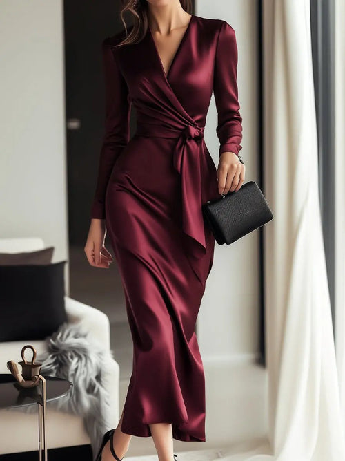 Burgundy Satin Wrap with Waist Tie Detail - Wrap Dress CAAYWORLD
