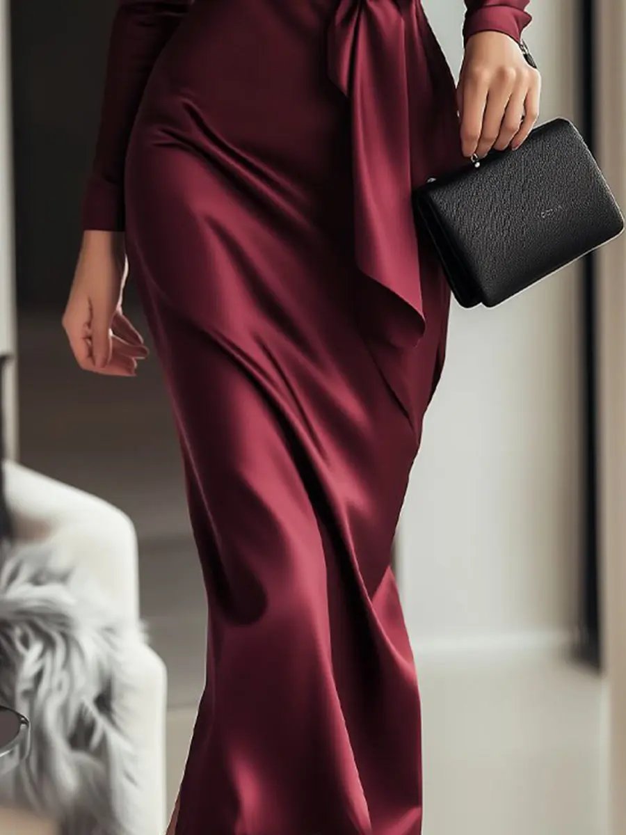 Burgundy Satin Wrap with Waist Tie Detail - Wrap Dress CAAYWORLD
