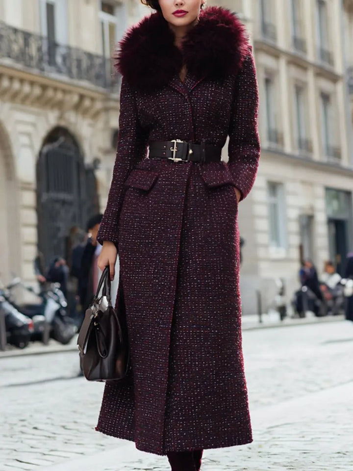 Burgundy Tweed With Faux Fur Collar And Belted Waist - Coat CASA LARO