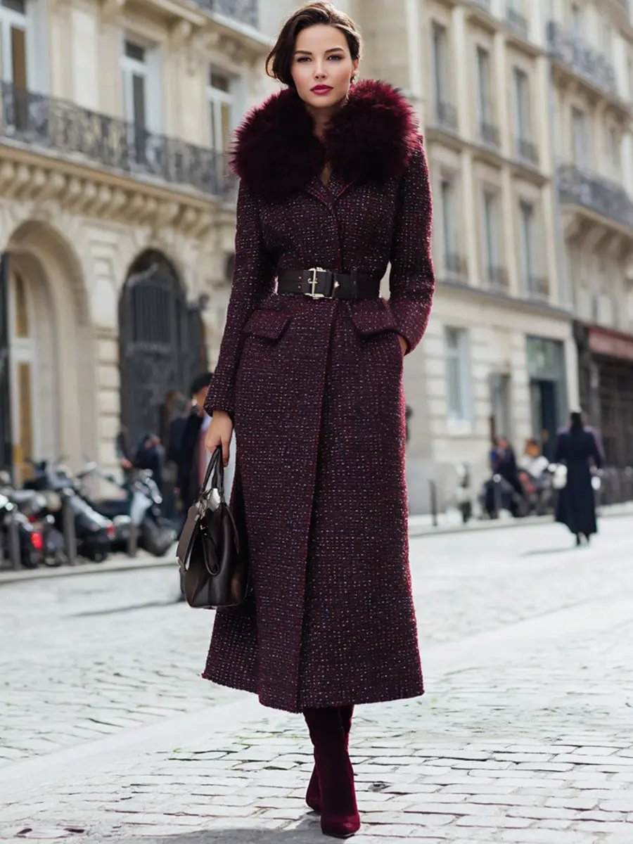 Burgundy Tweed With Faux Fur Collar And Belted Waist - Coat CASA LARO