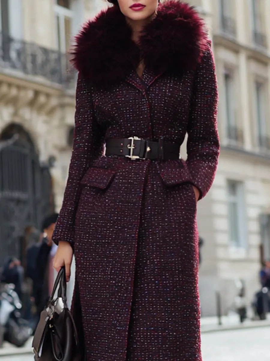 Burgundy Tweed With Faux Fur Collar And Belted Waist - Coat CASA LARO