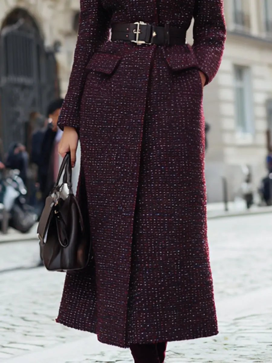Burgundy Tweed With Faux Fur Collar And Belted Waist - Coat CASA LARO