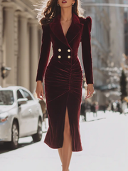 Burgundy Velvet Double-Breasted Tailored Silhouette - Midi Dress CASA LARO