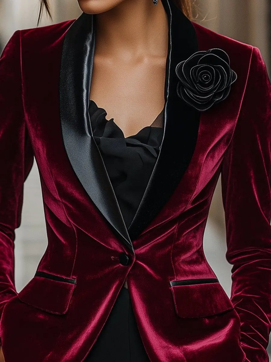 Burgundy Velvet with Satin Lapels & Black Rose Detail - Blazer CAAYWORLD