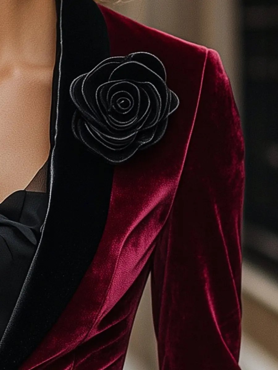 Burgundy Velvet with Satin Lapels & Black Rose Detail - Blazer CAAYWORLD