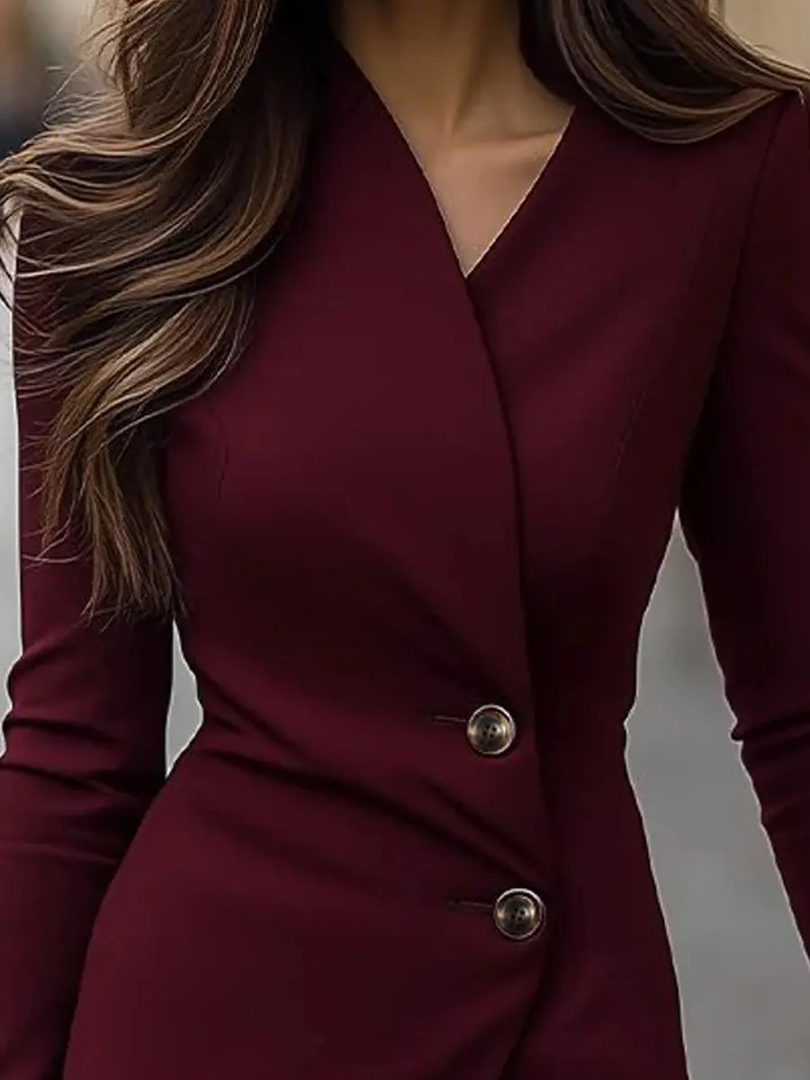Burgundy Wrap-Style Buttoned Waist Tie - Midi Dress CAAYWORLD