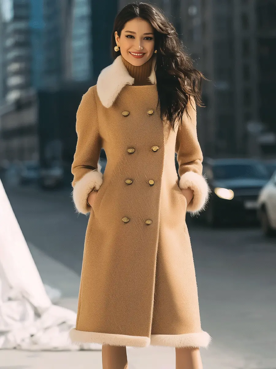 Camel Double-Breasted with Contrast Fur Trim - Coat CASA LARO