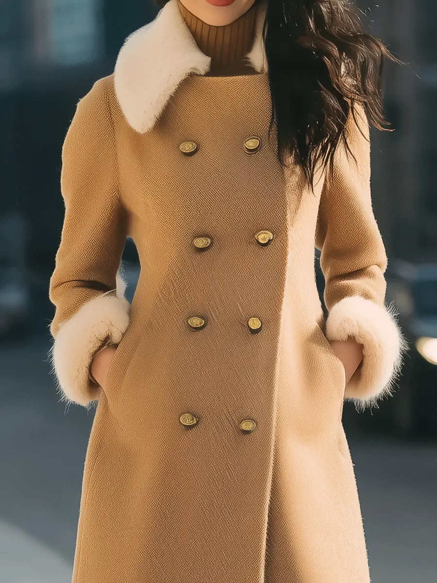 Camel Double-Breasted with Contrast Fur Trim - Coat CASA LARO