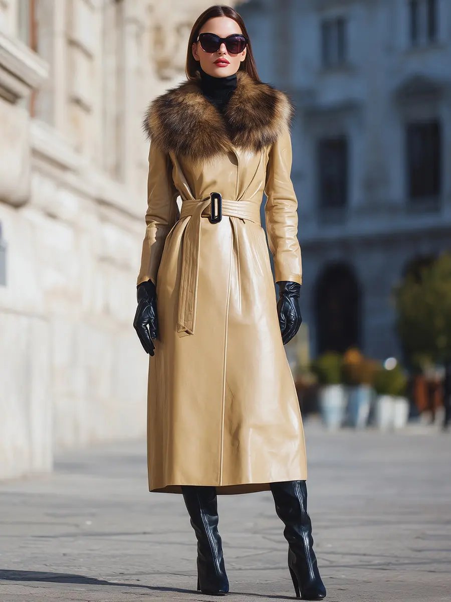 Camel Faux Leather Fur-Collar - Coat CASA LARO