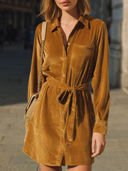 Camel Velvet Button-Front Shirt Dress - Mini Dress CASA LARO