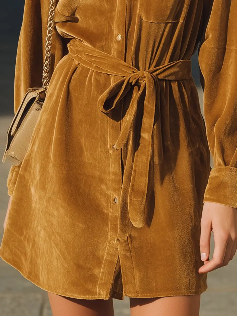 Camel Velvet Button-Front Shirt Dress - Mini Dress CASA LARO