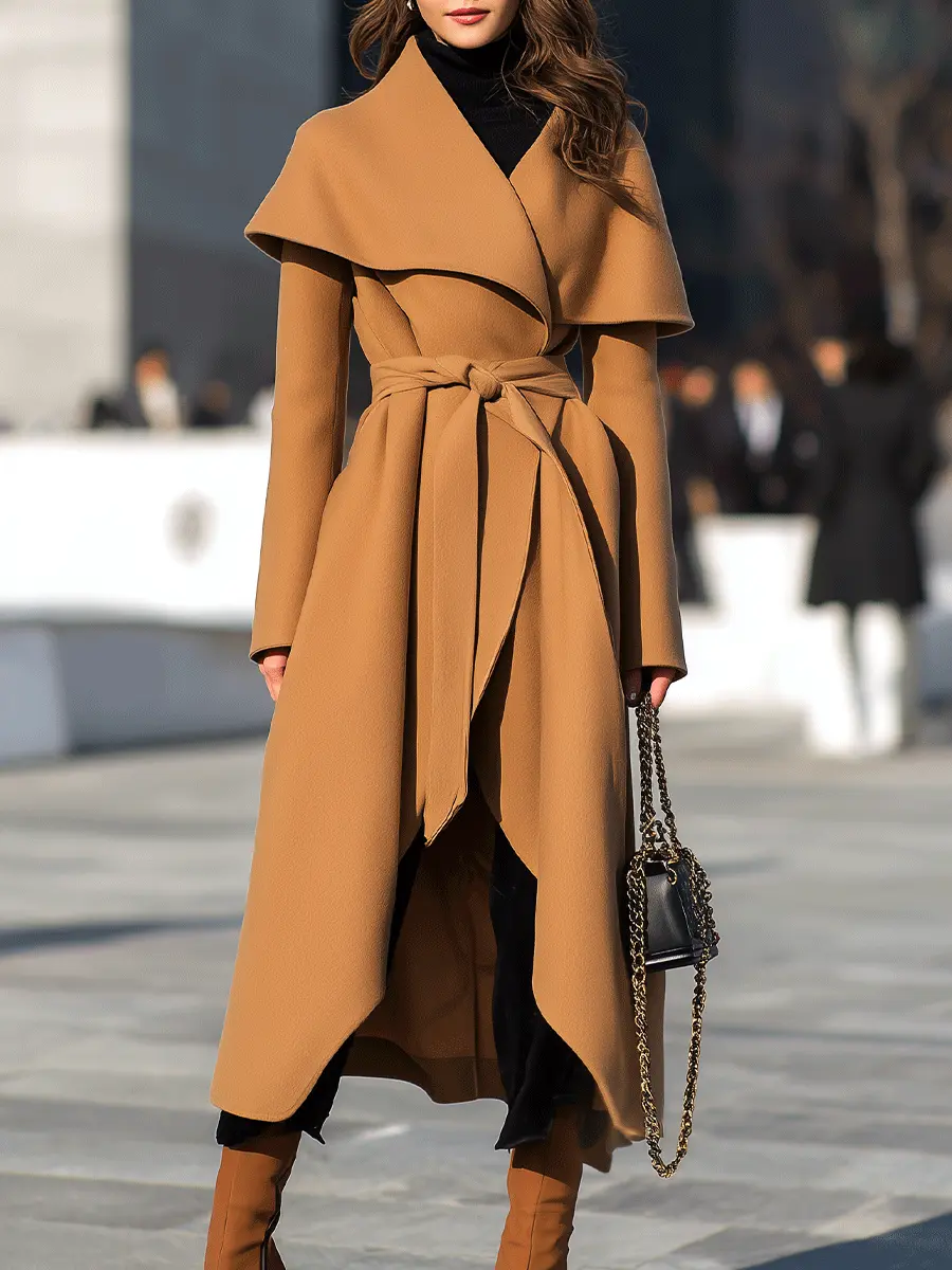 Camel Waterfall Drape Belted Waist - Long Coat CASA LARO