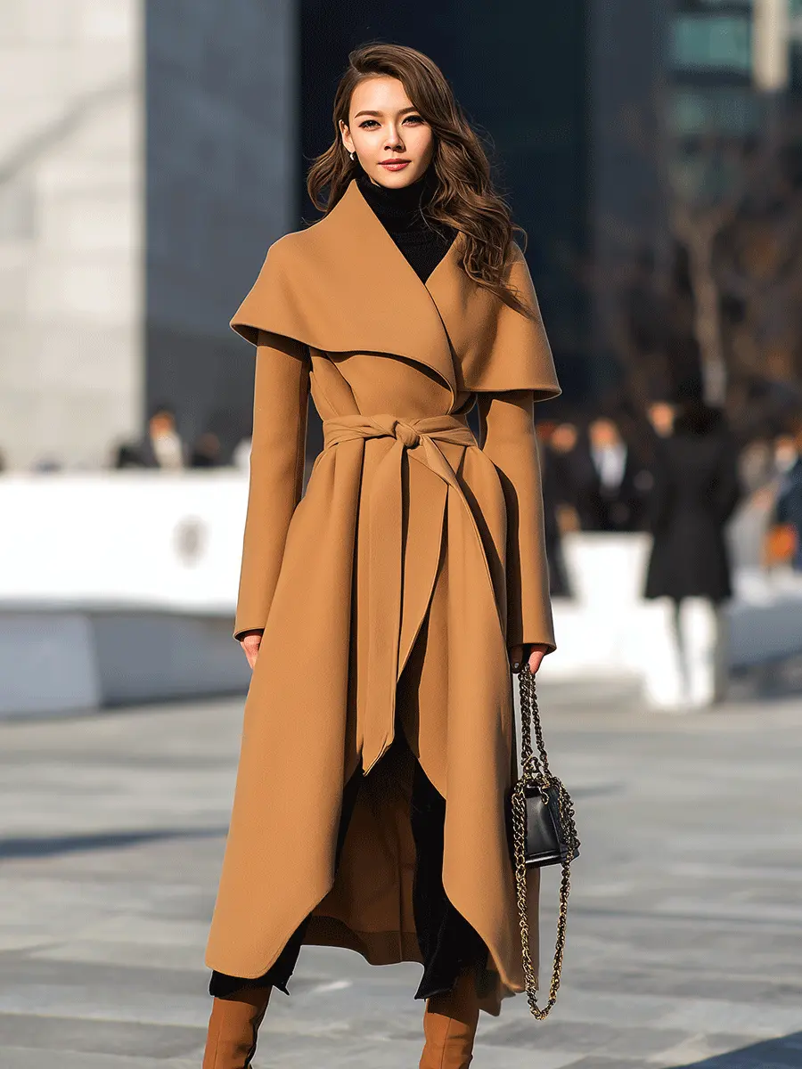 Camel Waterfall Drape Belted Waist - Long Coat CASA LARO