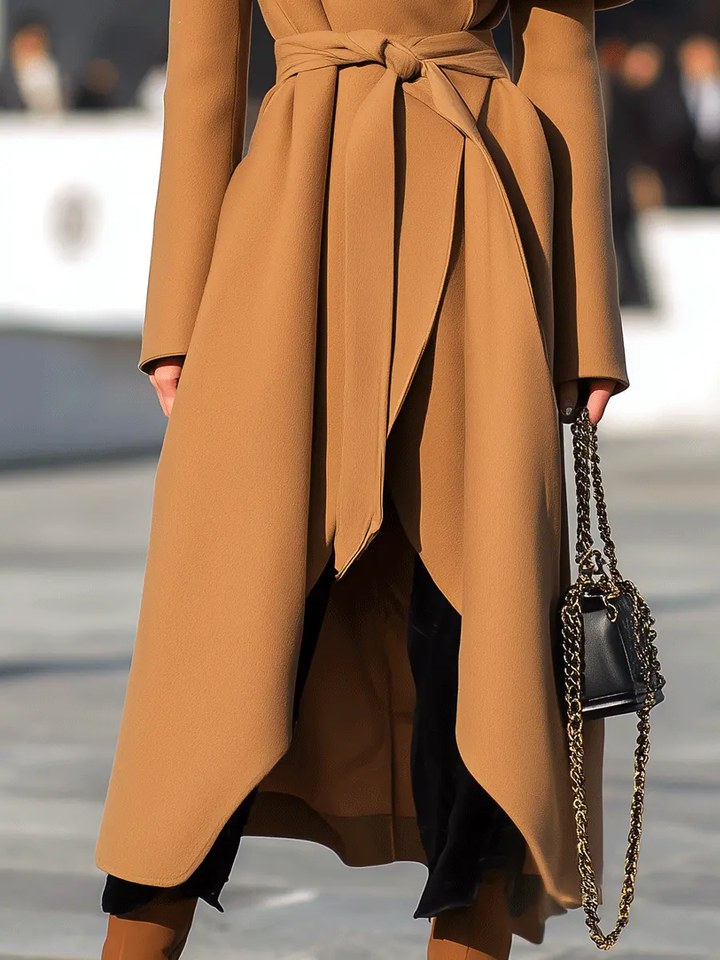 Camel Waterfall Drape Belted Waist - Long Coat CASA LARO