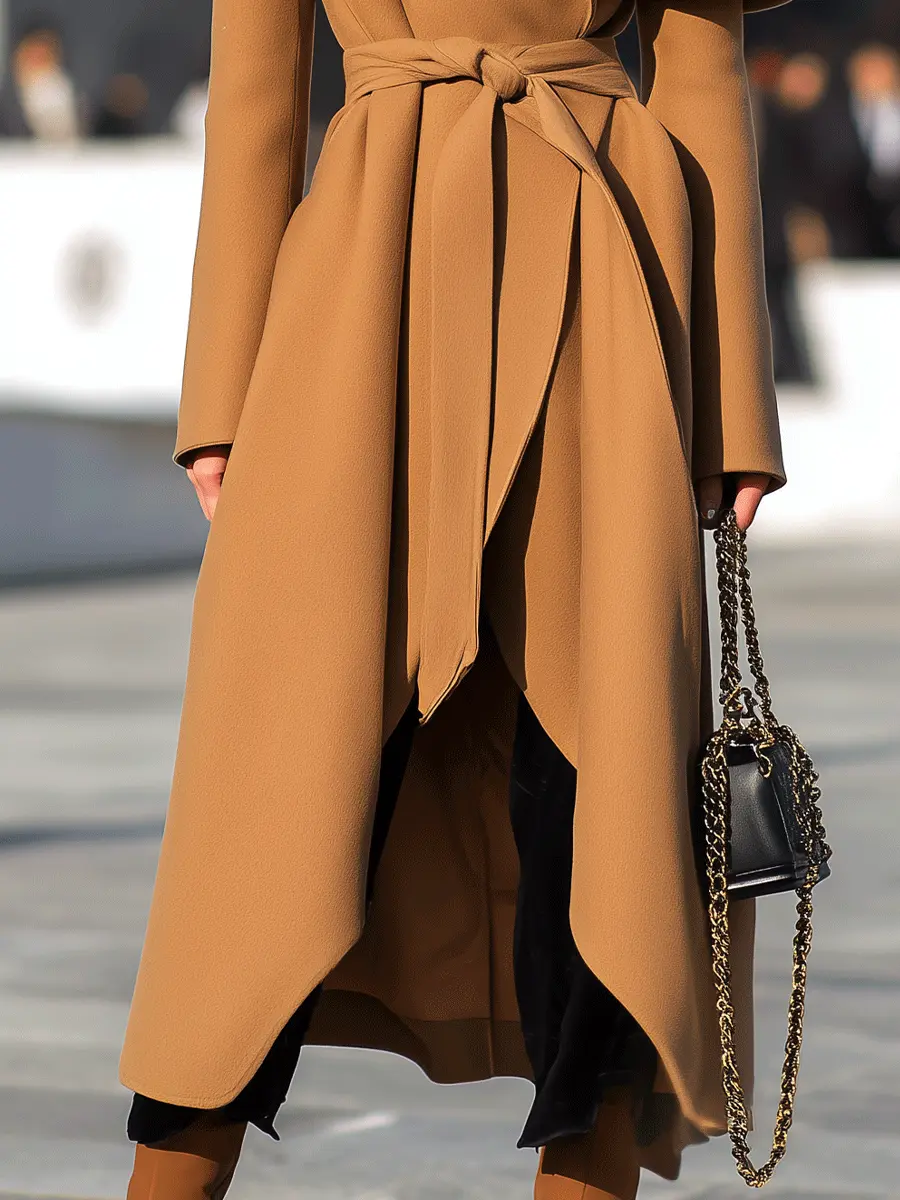 Camel Waterfall Drape Belted Waist - Long Coat CASA LARO