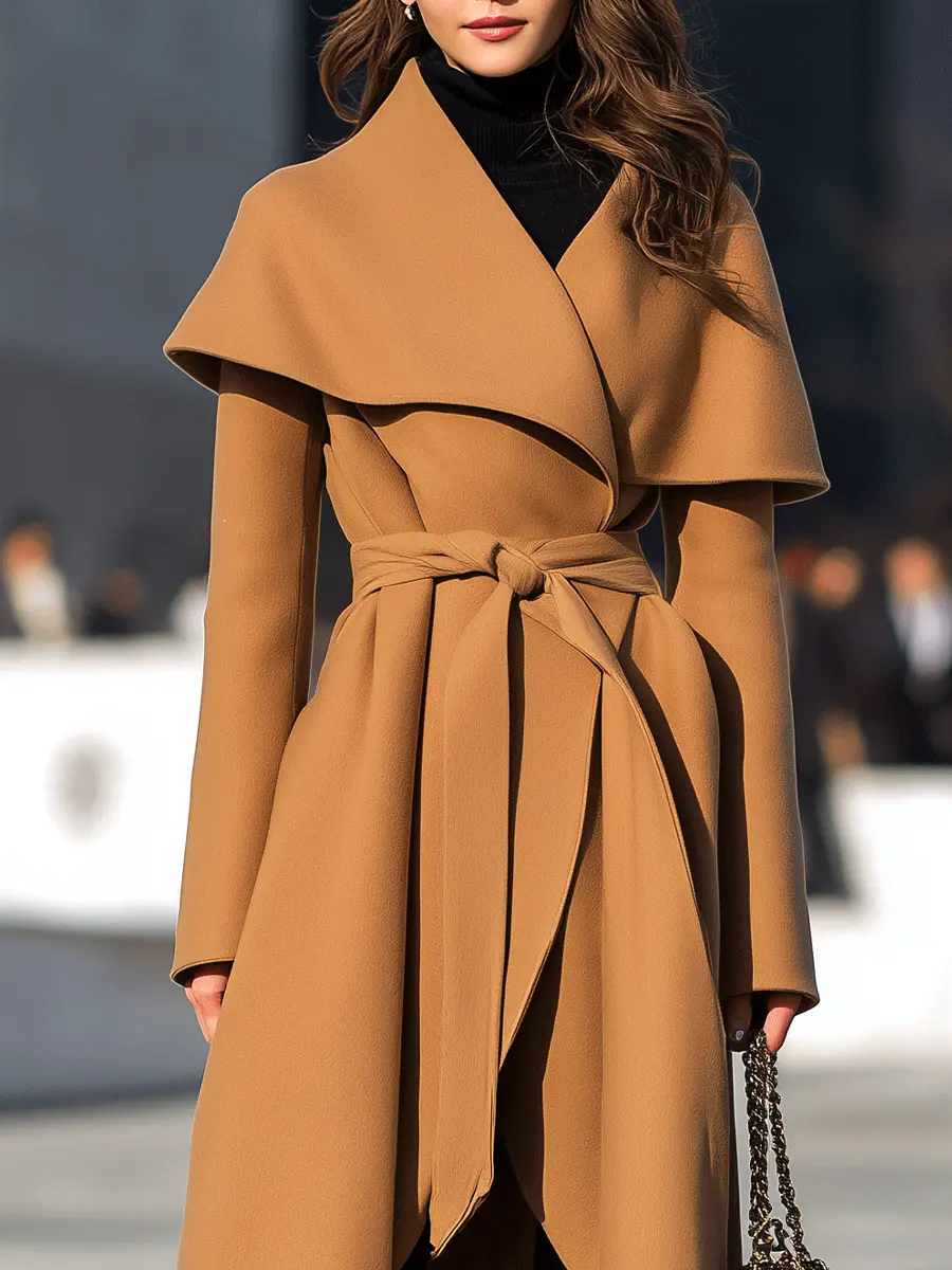 Camel Waterfall Drape Belted Waist - Long Coat CASA LARO