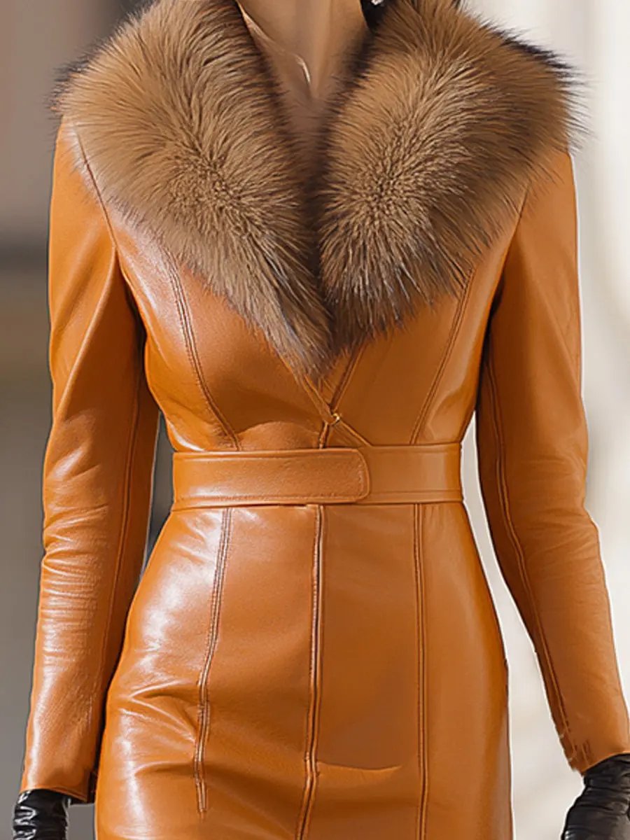 Caramel Faux Leather With Plush Fur Collar - Maxi Dress CASA LARO