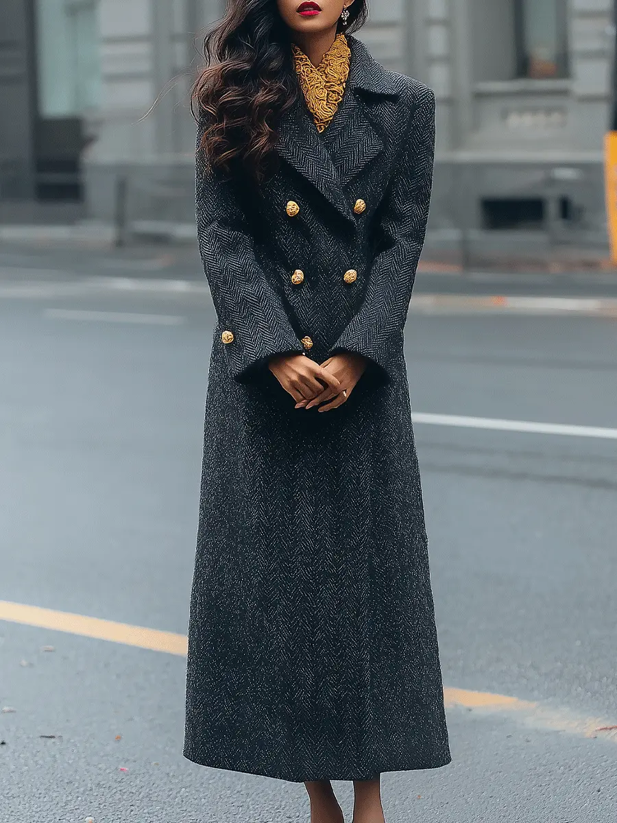 Charcoal Herringbone Double-Breasted Tailored - Long Coat CASA LARO