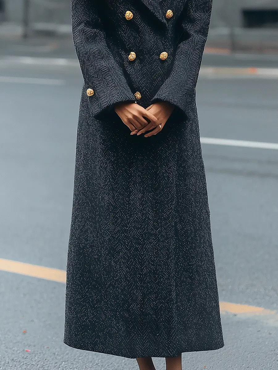 Charcoal Herringbone Double-Breasted Tailored - Long Coat CASA LARO