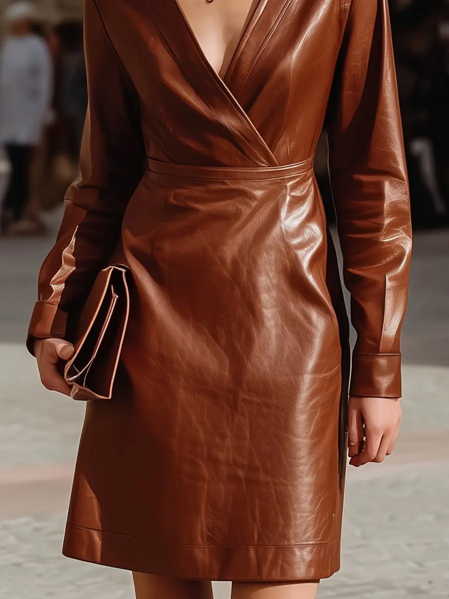 Chic Brown Faux Leather Wrap Dress - Mini Dress CASA LARO