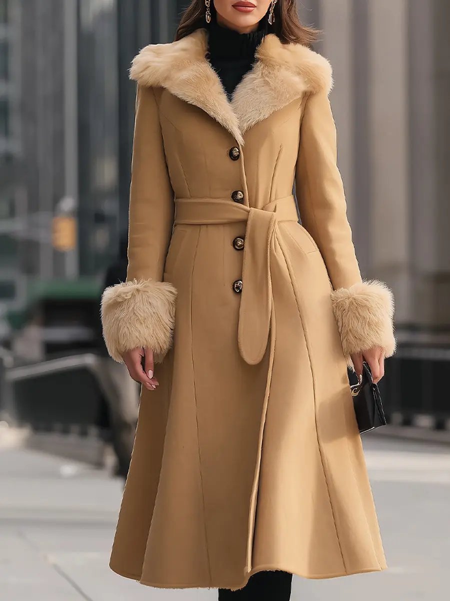 Chic Camel Colored Faux Fur Trim - Trench Coat CASA LARO