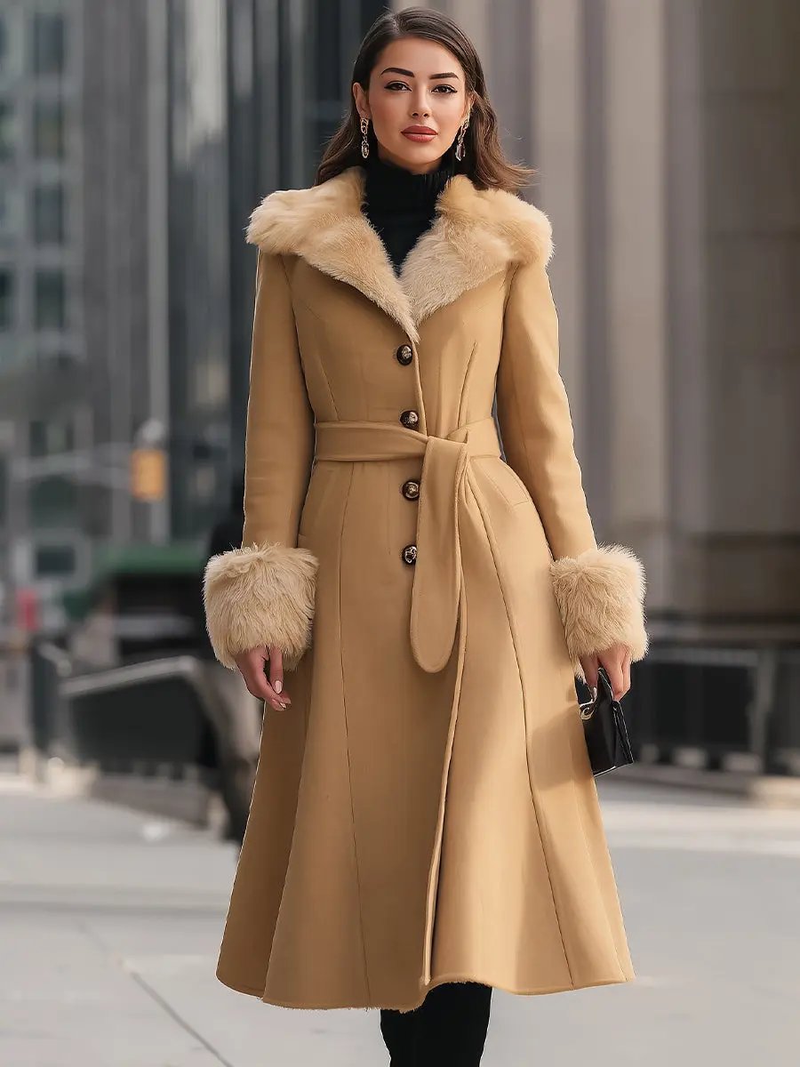 Chic Camel Colored Faux Fur Trim - Trench Coat CASA LARO