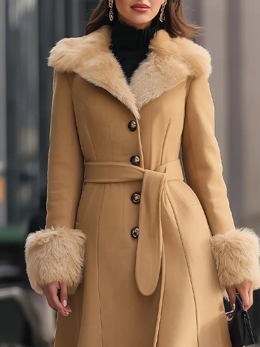 Chic Camel Colored Faux Fur Trim - Trench Coat CASA LARO