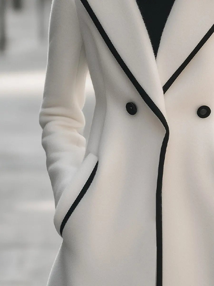 Chic Double-Breasted White Coat with Black Trim - Women's Coat CASA LARO