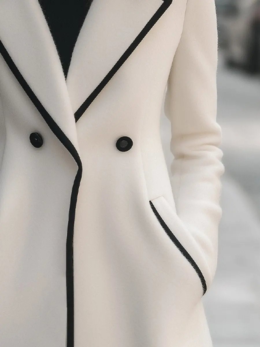 Chic Double-Breasted White Coat with Black Trim - Women's Coat CASA LARO
