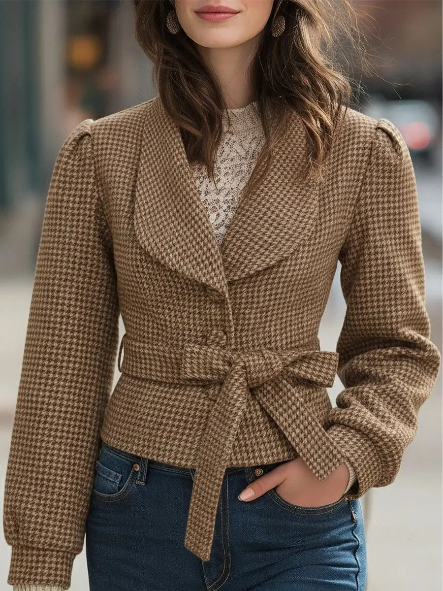 Chic Houndstooth Belted Wool-Blend Cropped - Cropped Coat CASA LARO