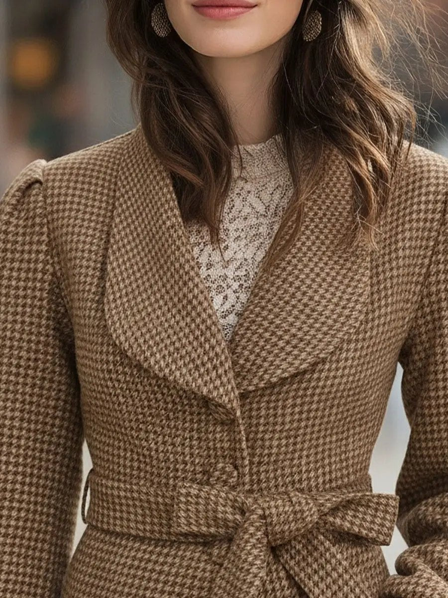 Chic Houndstooth Belted Wool-Blend Cropped - Cropped Coat CASA LARO