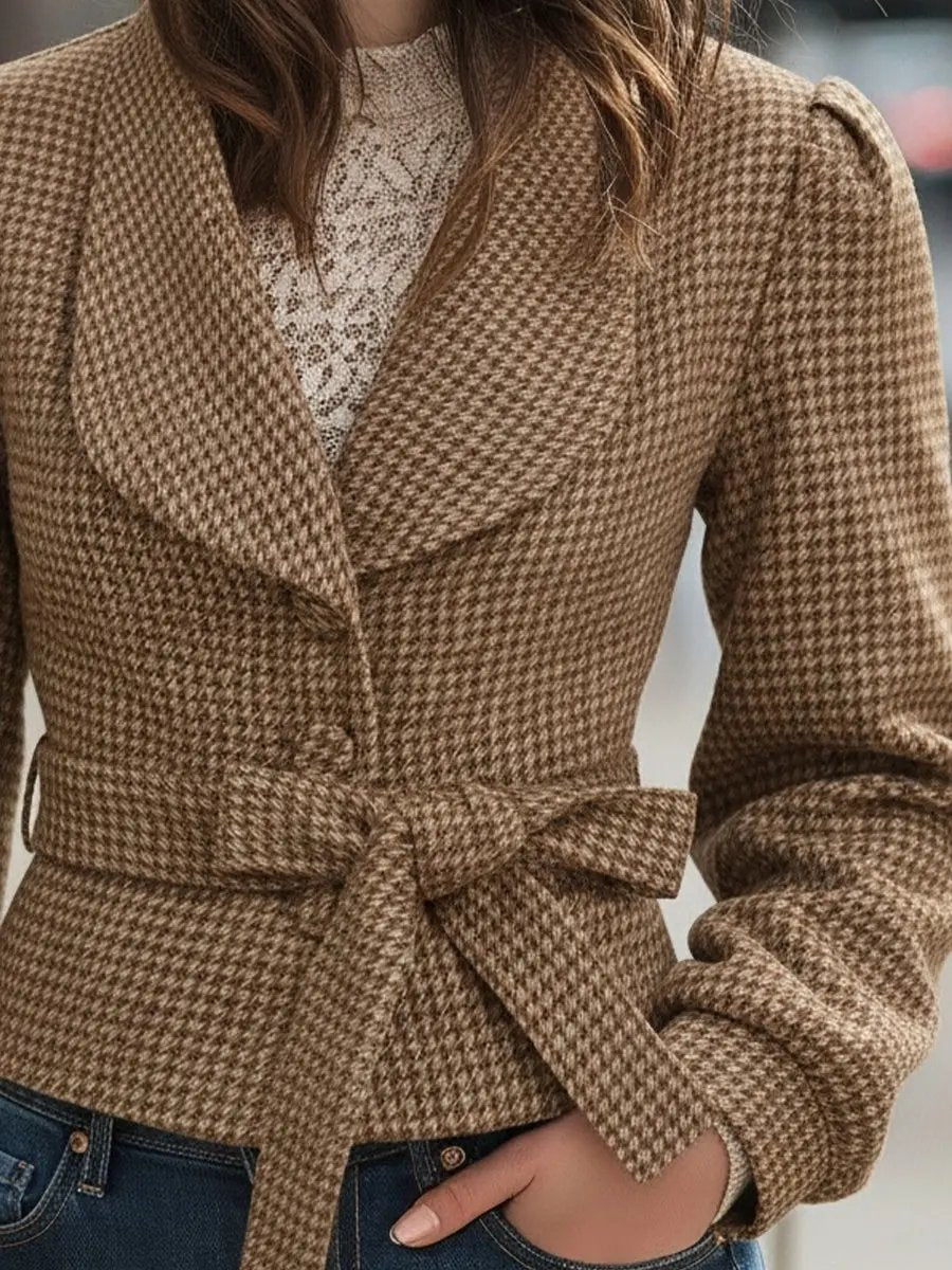 Chic Houndstooth Belted Wool-Blend Cropped - Cropped Coat CASA LARO