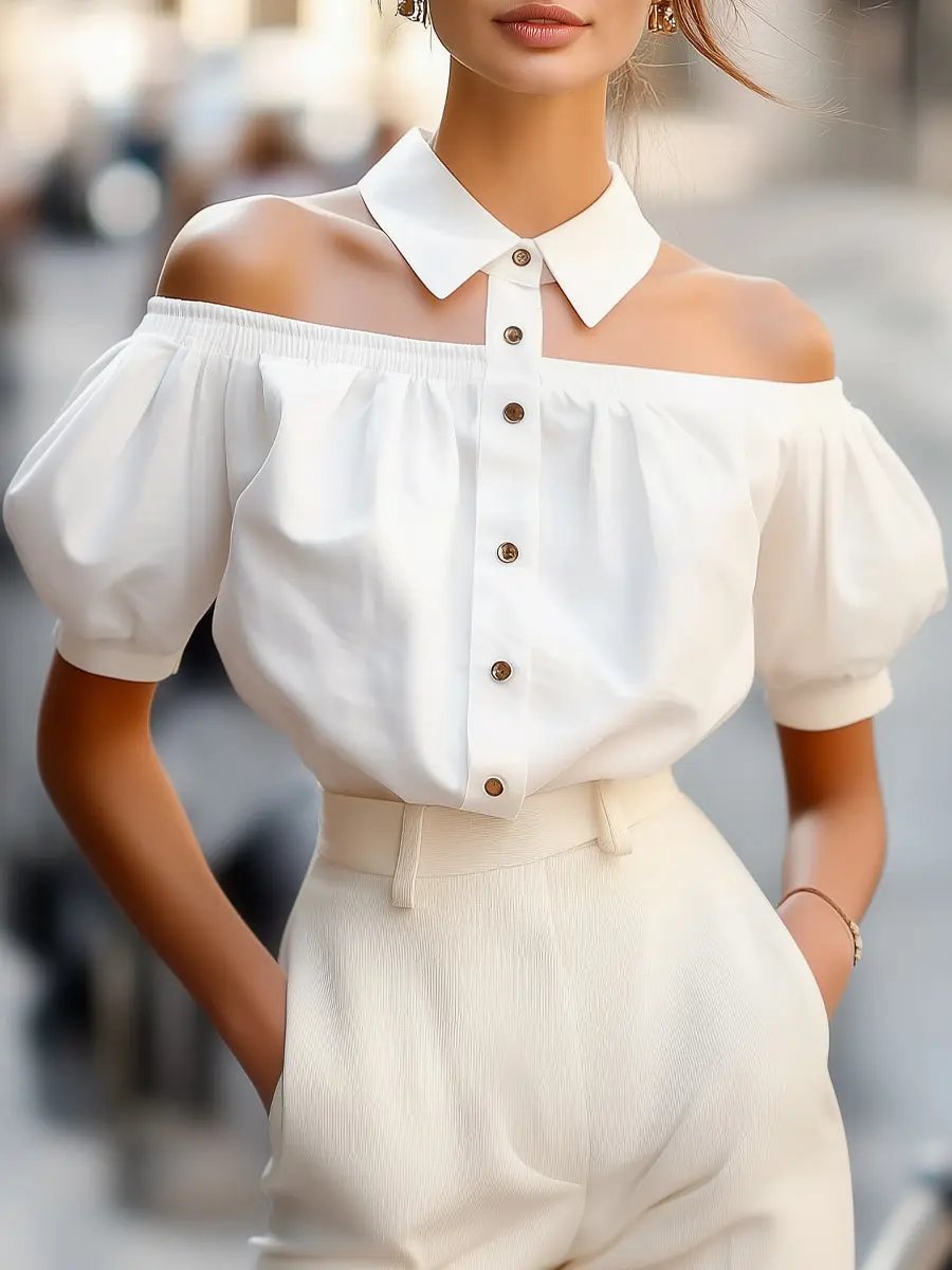 Chic Off-Shoulder Button-Up with Statement Collar - Women's Blouse CASA LARO