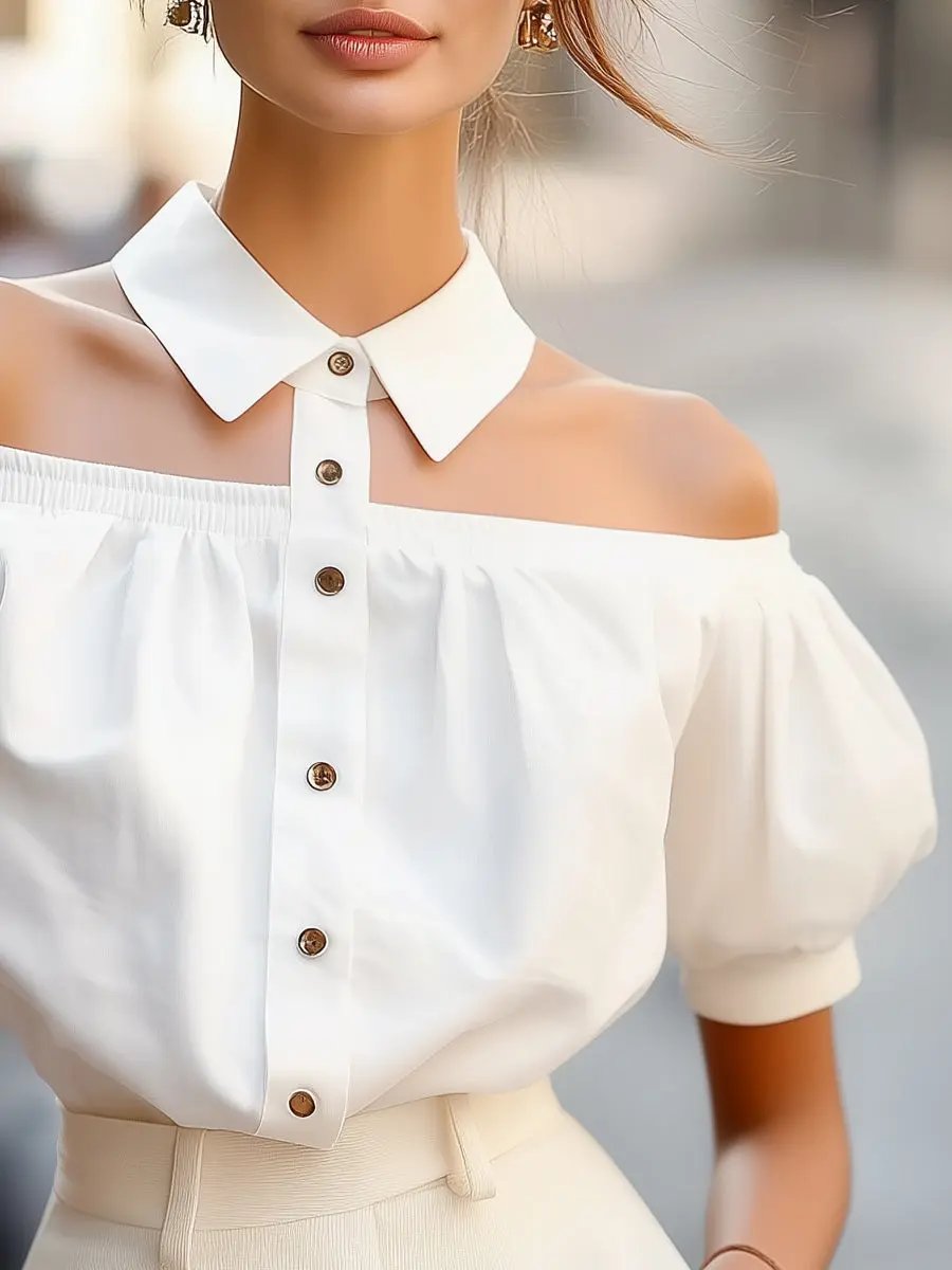 Chic Off-Shoulder Button-Up with Statement Collar - Women's Blouse Caay Shop