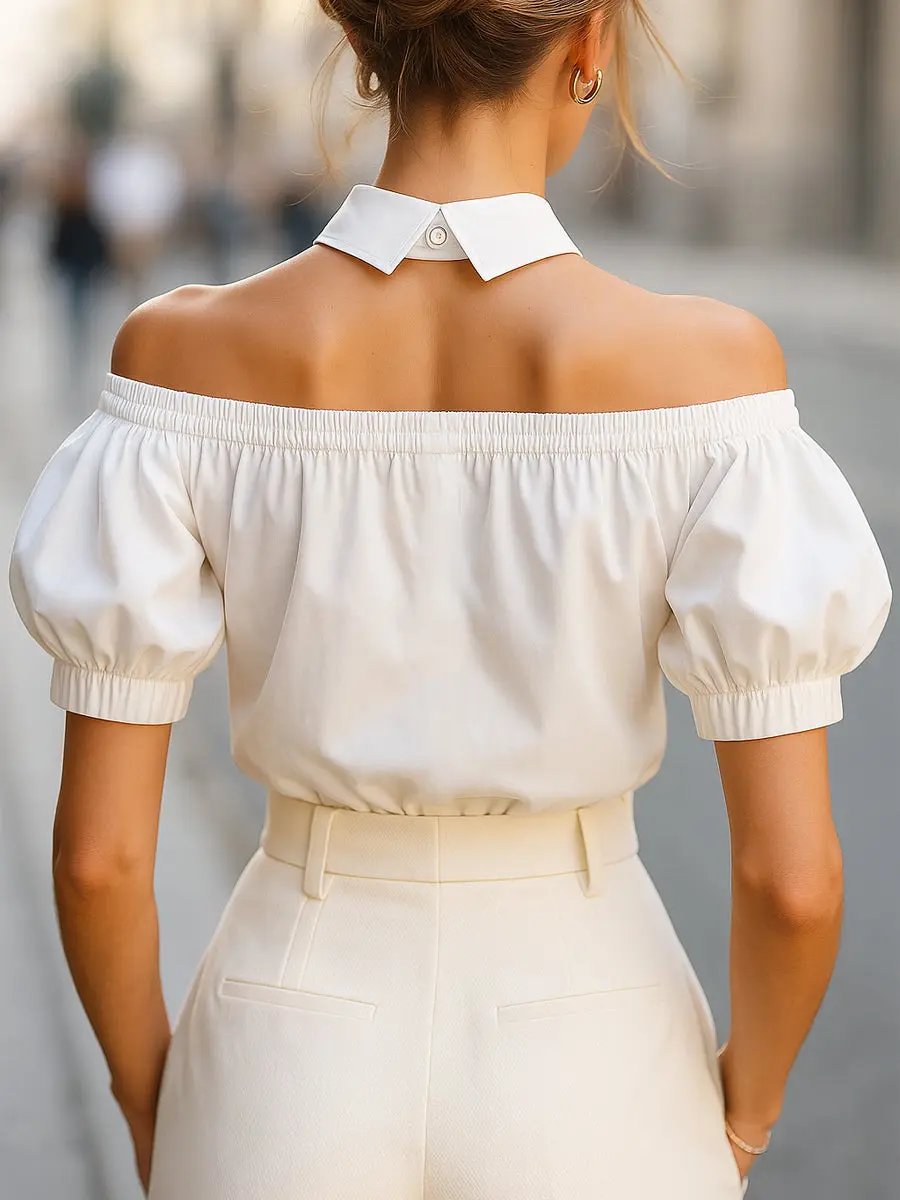 Chic Off-Shoulder Button-Up with Statement Collar - Women's Blouse CAAYWORLD