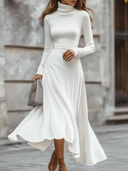 Chic White Turtleneck Cotton Knit - Midi Dress CASA LARO