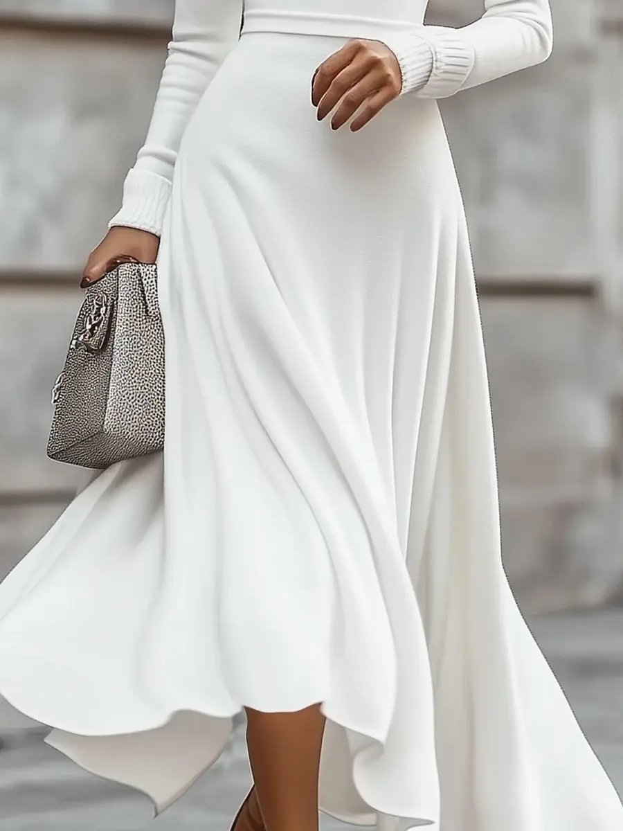 Chic White Turtleneck Cotton Knit - Midi Dress CASA LARO
