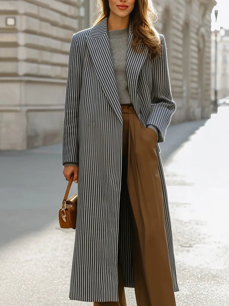 Chic Women's Striped Lapel Collar - Longline Coat CASA LARO