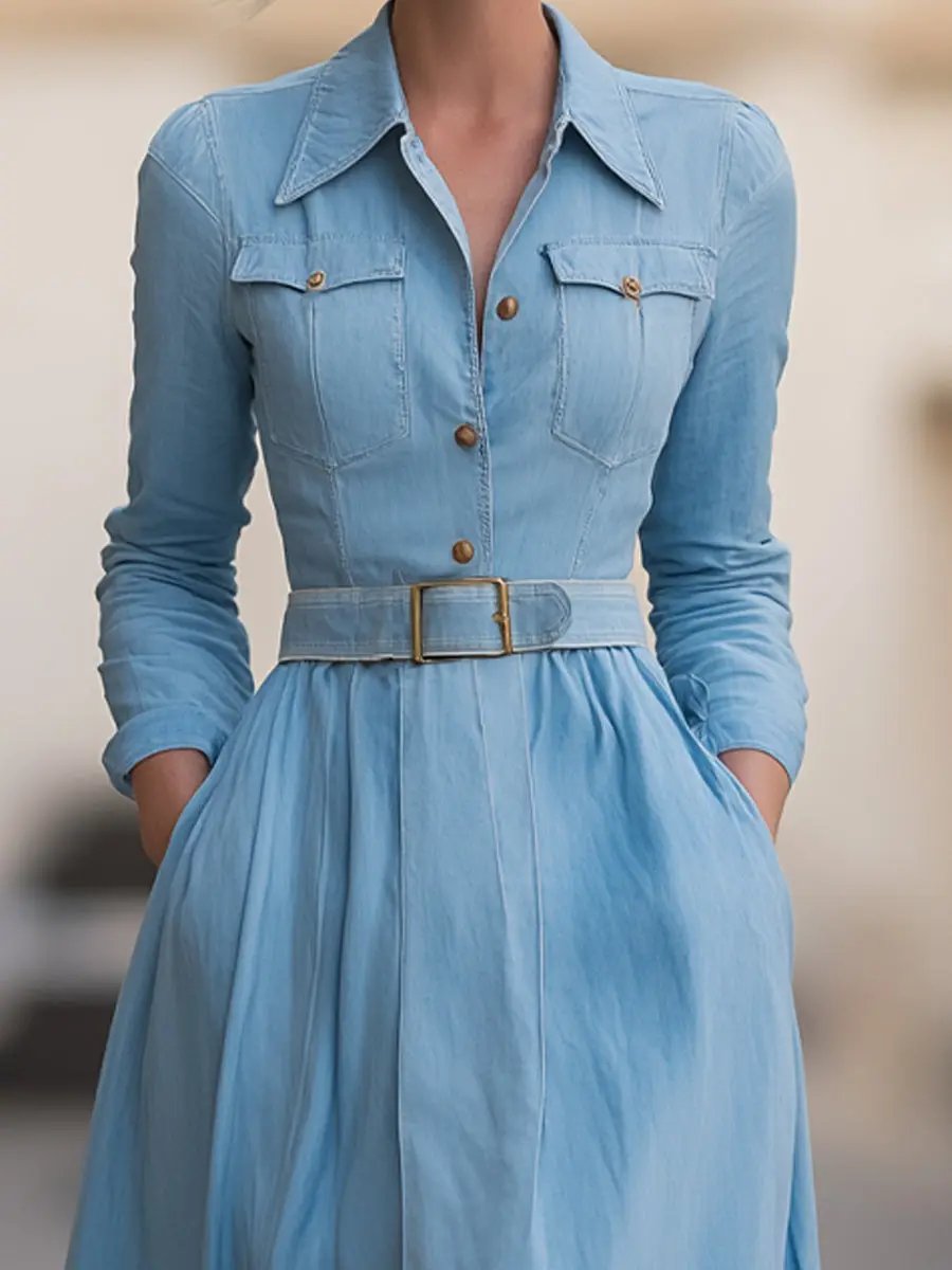 Classic Belted Denim Shirt Dress With Full Skirt - Midi Dress CASA LARO