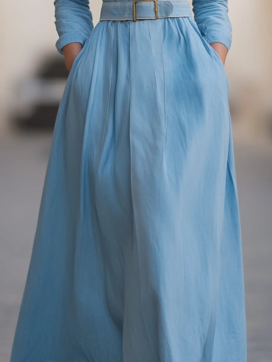 Classic Belted Denim Shirt Dress With Full Skirt - Midi Dress CASA LARO