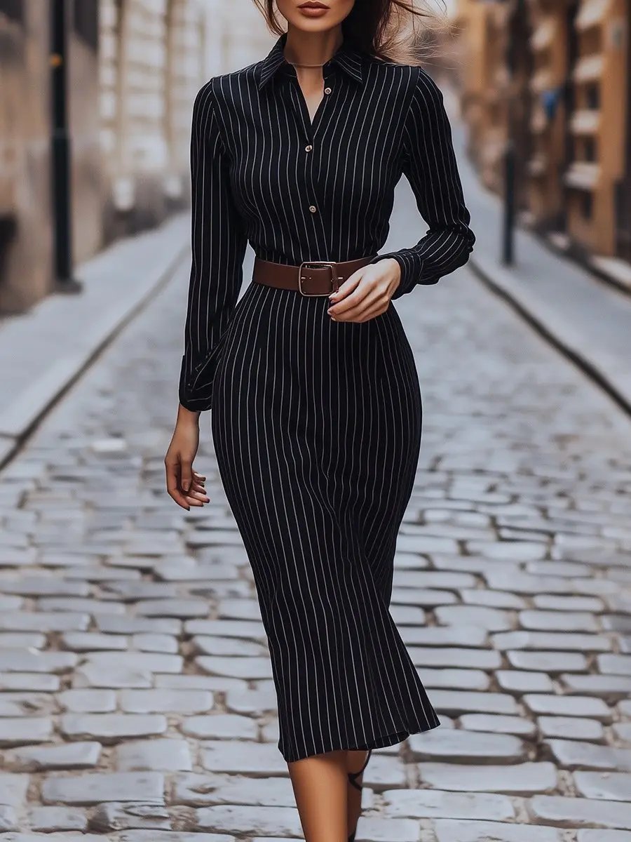 Classic Black Pinstripe Button-Down - Shirt Dress CASA LARO