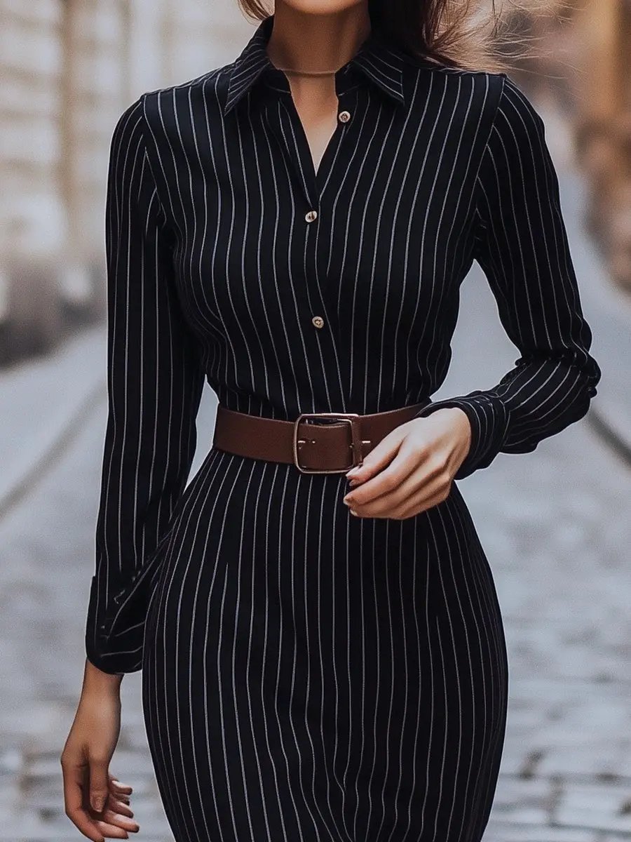 Classic Black Pinstripe Button-Down - Shirt Dress CASA LARO